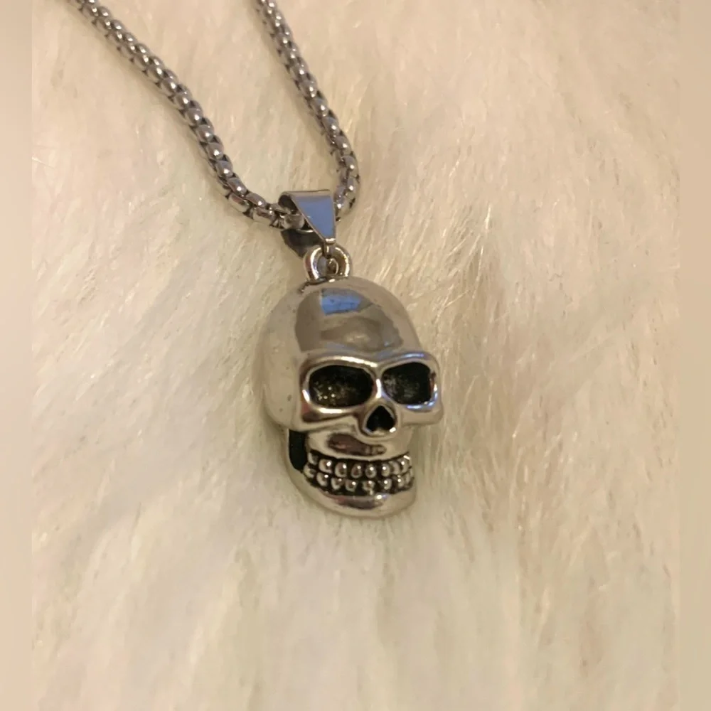 Skull Titanium Steel Silver Necklace Men Pendant Punk Biker Halloween